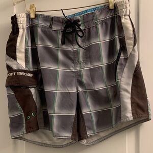 Point Zero Gray Plaid Swim Shorts with Green Stripes